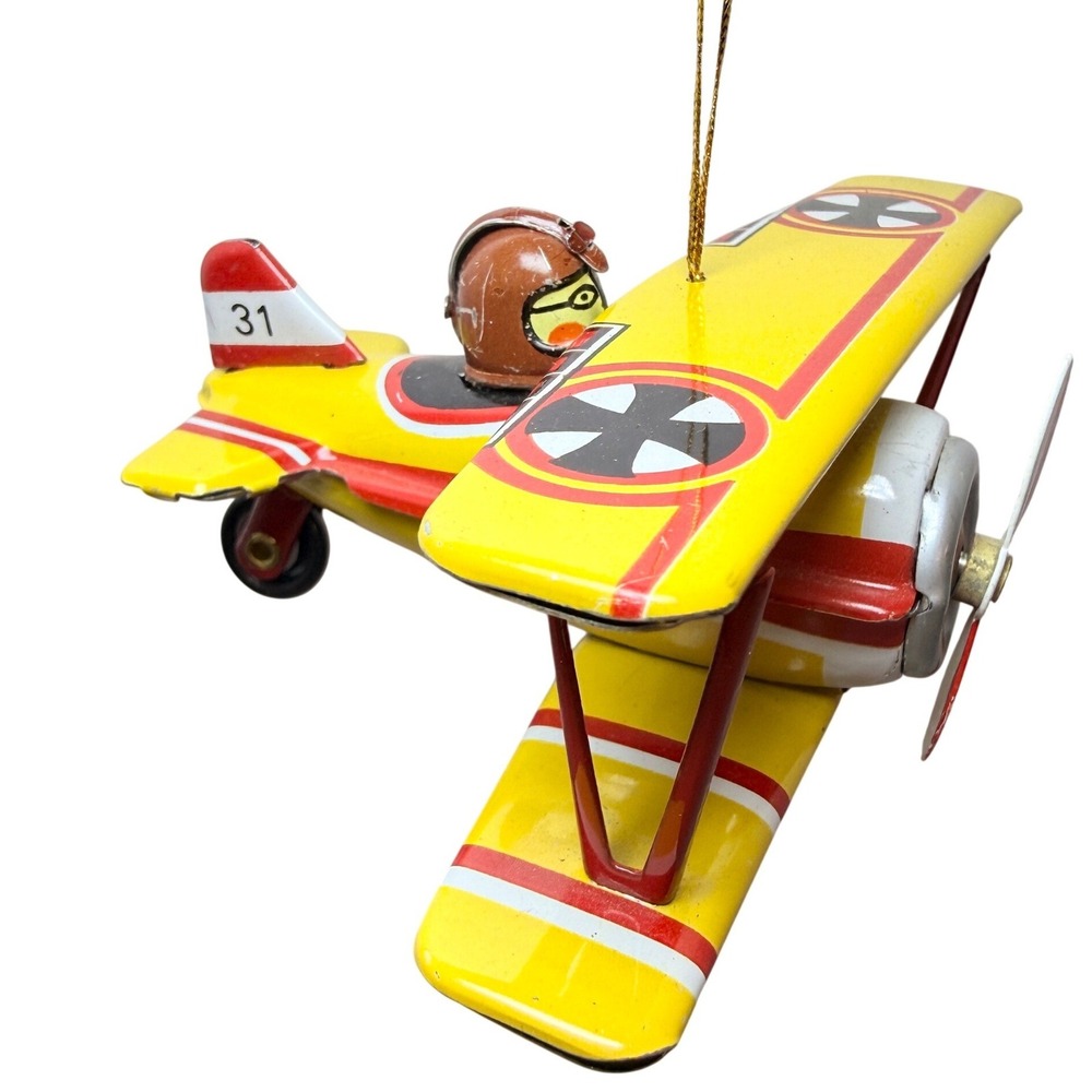 Vintage Style Tin Biplane Christmas Ornament Yellow Red Pilot #31 Aviation Decor